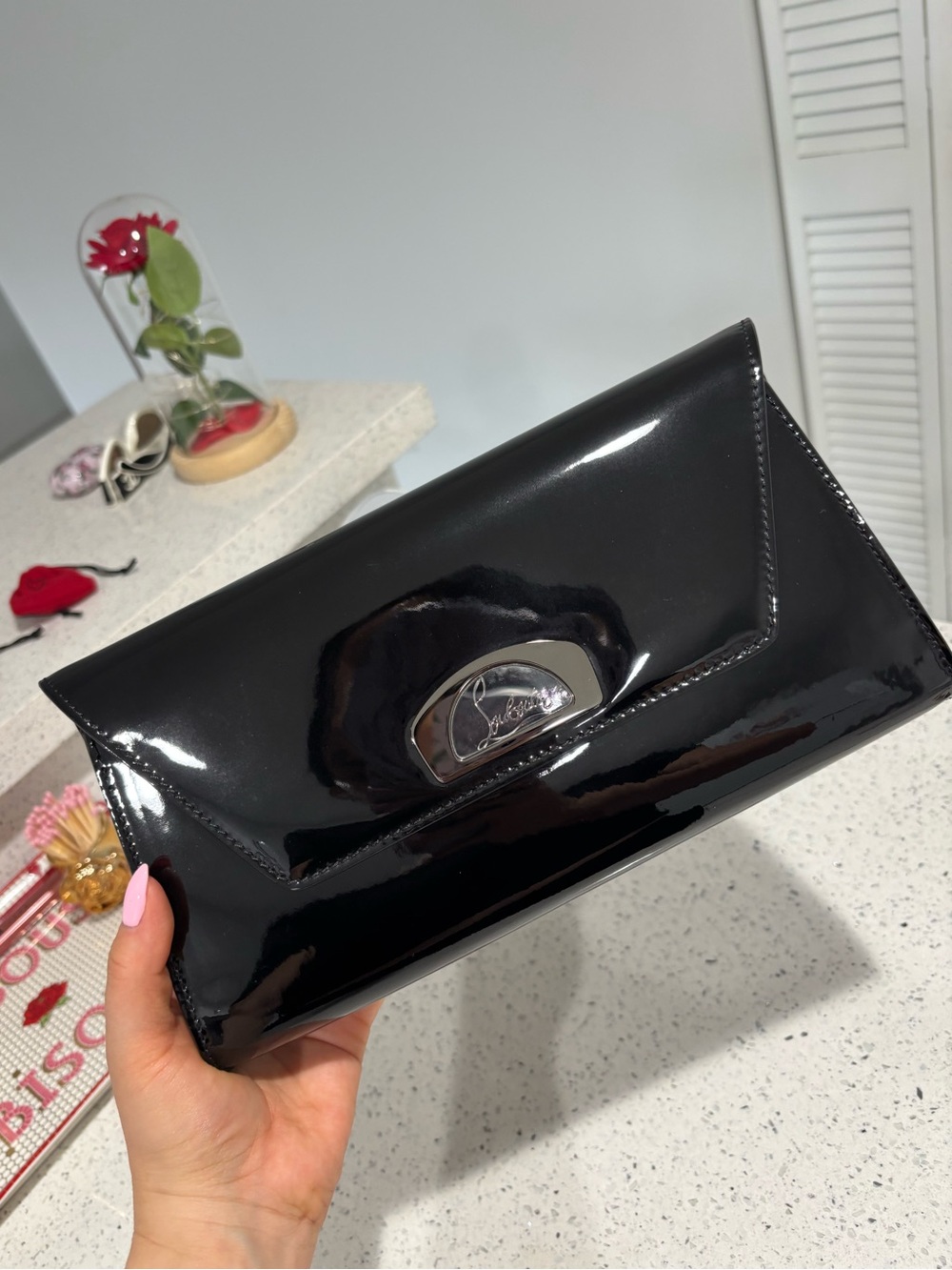 Christian Louboutin Black Patent Envelope Clutch with Removable Chain